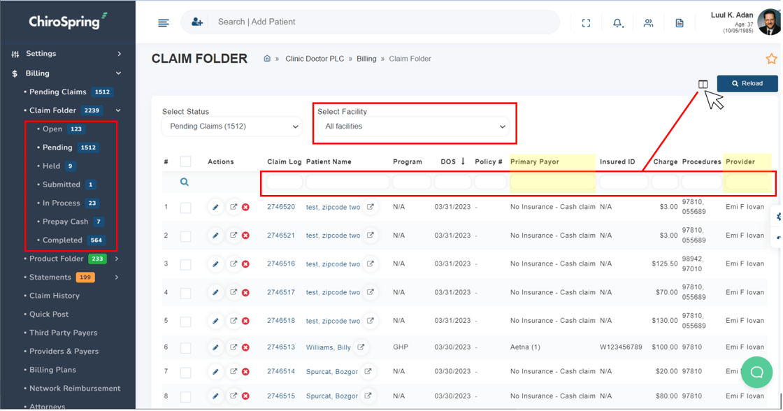 Filtering billing rpts